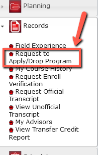 Drop down list Request to Apply or Drop Program